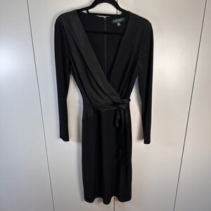 Lauren‎ Ralph Lauren Womens Sz 10 Black Wrap Dress Cocktail Minimalist Old Money